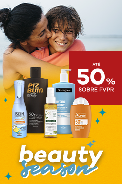 Produtos de Beleza beauty season com destaque promocional de at&eacute;  50% sobre pre&ccedil;o de Venda ao P&uacute;blico Recomendado
